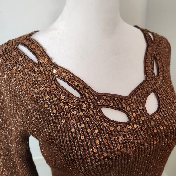 Once Again Sweater Sz Small Women Metallic Gold Brown Ribbed Sequin Fairy Grunge - Picture 8 of 12